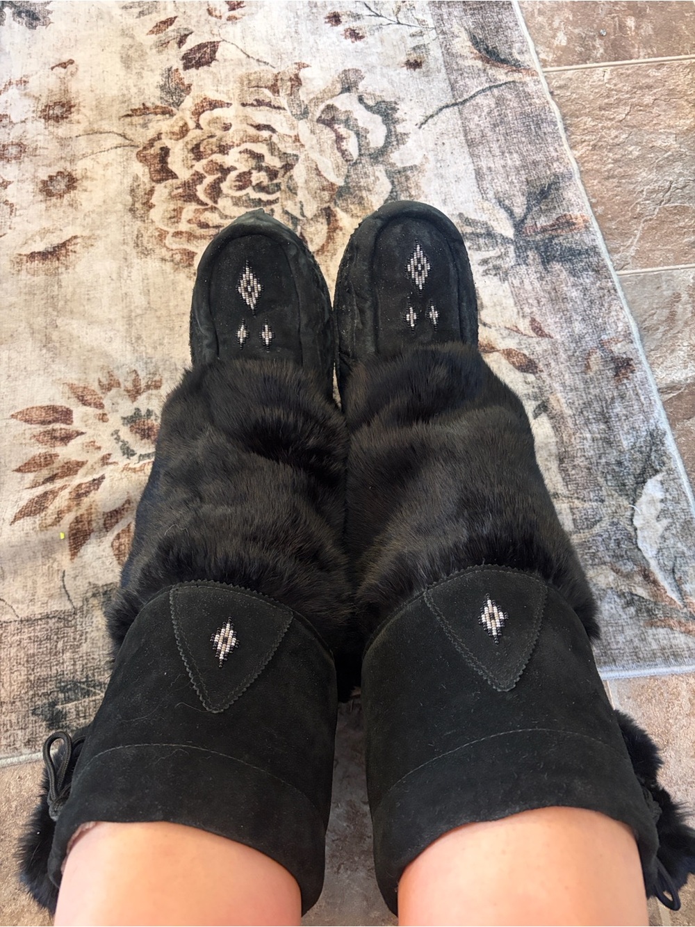 Black Leather Mukluks with Real Fur & Beadwork